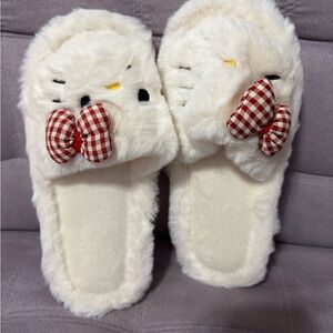 Cozy White Slippers with Red Bow